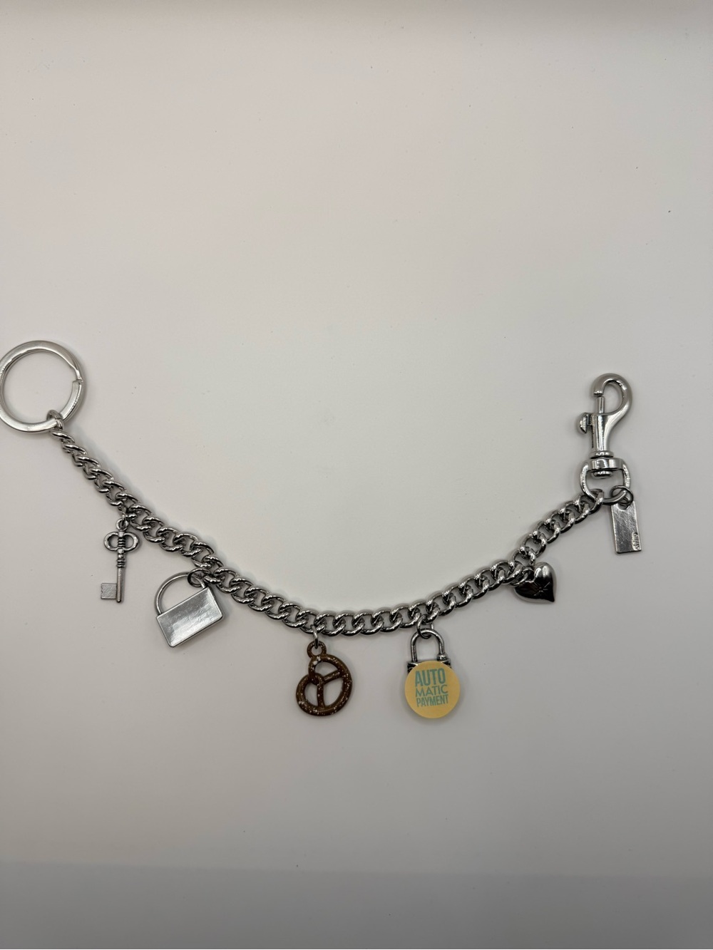 Silver Charm Chain Keyring with Heart, Padlock and Novelty Charms